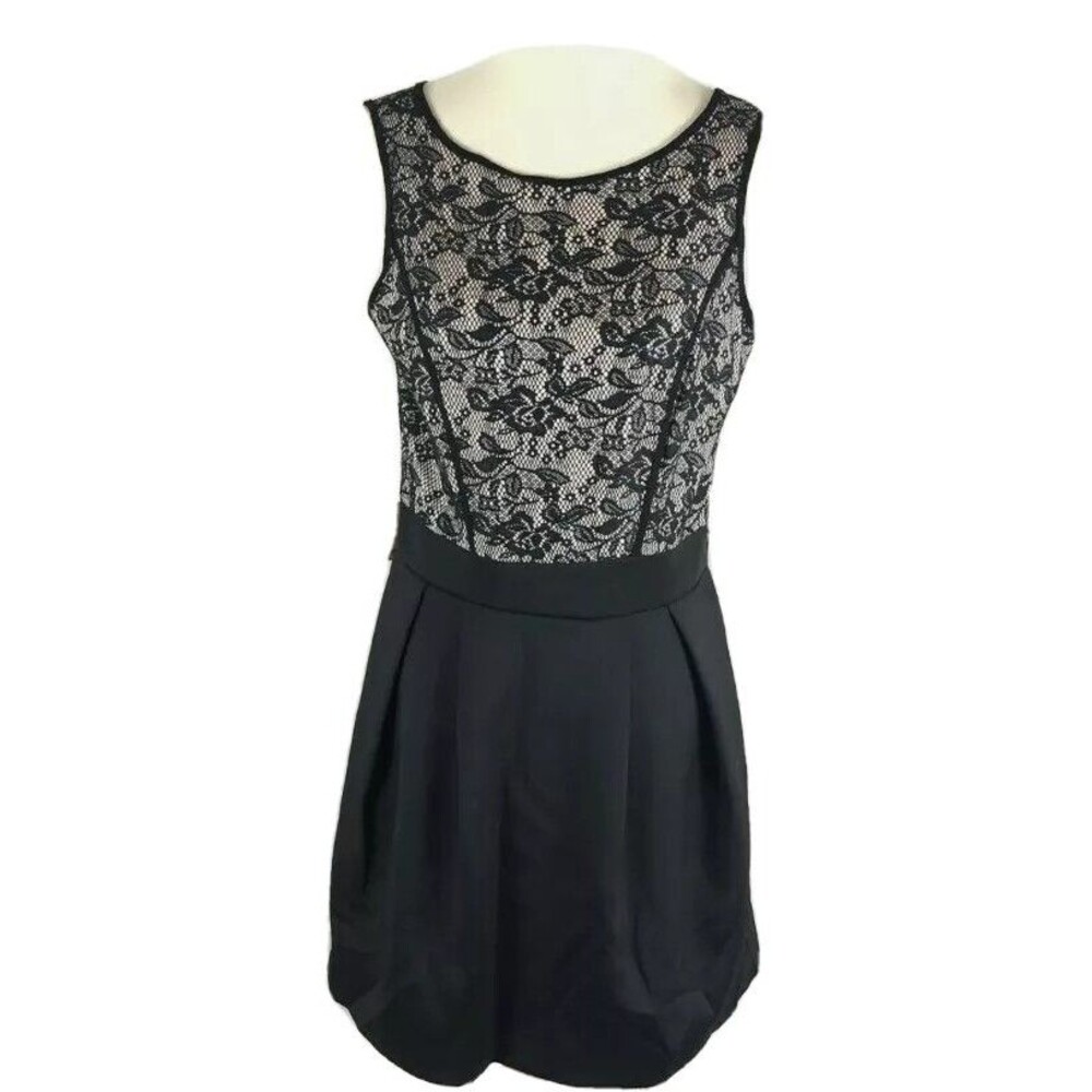 Mark Womans Dress Size S Black Beige Sleeveless Pleated Lace Overlay